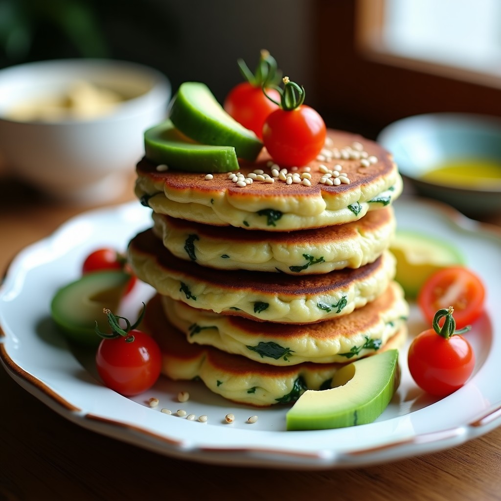 Plato con tortitas doradas de espinaca y tofu veganas, apiladas y acompañadas de aguacate en rodajas y tomates cherry, receta alta en proteína y sin gluten.