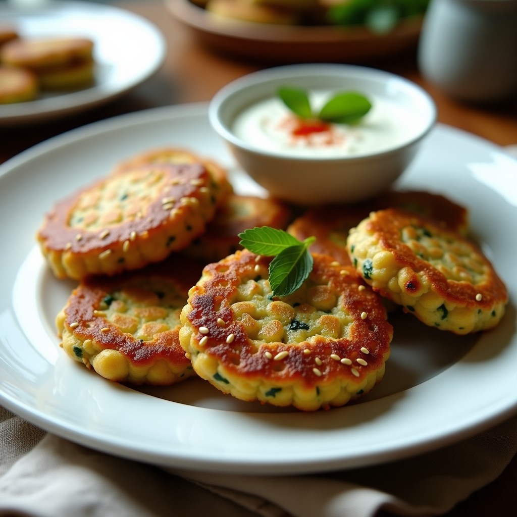Tortitas doradas y crujientes de espinacas y garbanzos en airfryer, con semillas de sésamo, servidas sobre un plato blanco con salsa de yogur y hierbas frescas.