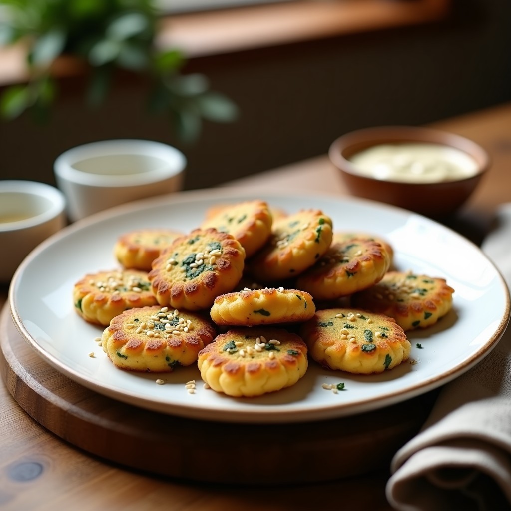 Plato blanco con tortitas doradas de espinacas y garbanzos sin harina, decoradas con semillas de sésamo y acompañadas de una salsa cremosa, receta vegana y alta en proteína.