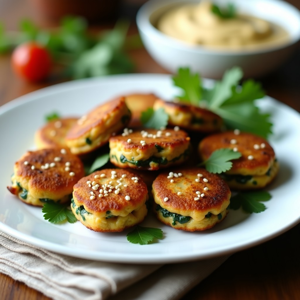 Tortitas doradas y crujientes de espinacas y garbanzos sin harina, espolvoreadas con semillas de sésamo, servidas en un plato blanco con hummus y hierbas frescas.
