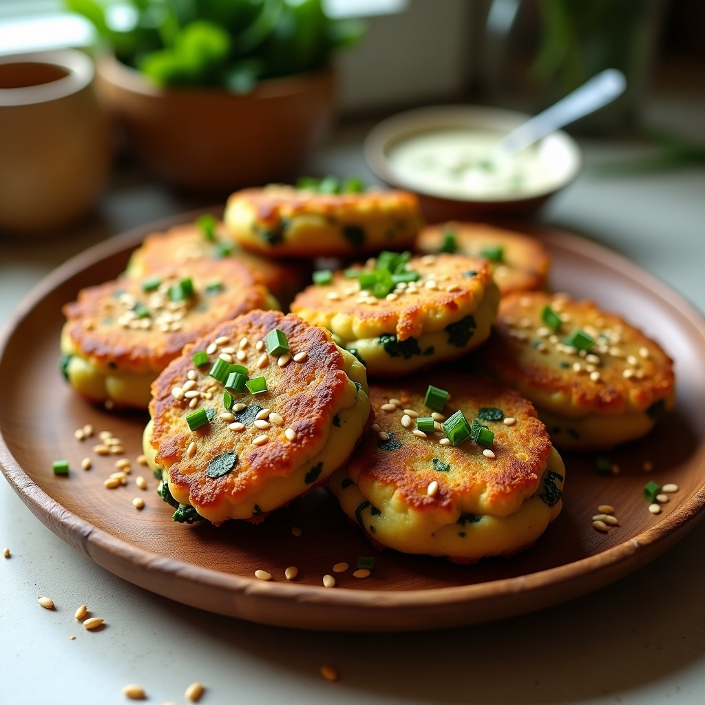Tortitas doradas de espinacas y hongo shitake en plato de madera, con semillas de sésamo y cebollino fresco, receta umami airfryer.