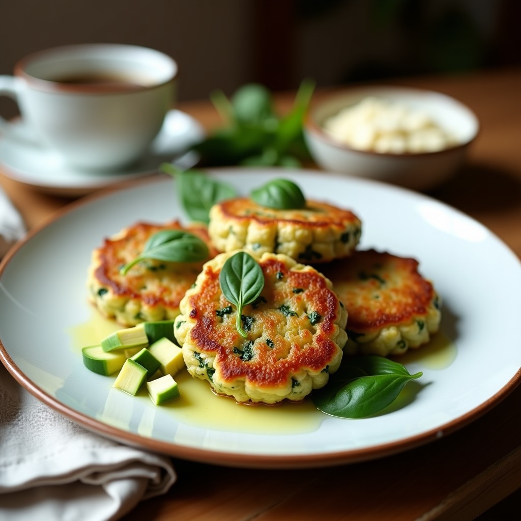 Tortitas doradas y esponjosas de espinacas y queso de almendras servidas en un plato blanco, con un toque de aguacate en cubos y hojas de espinaca fresca como decoración. Receta keto en airfryer sin harina.