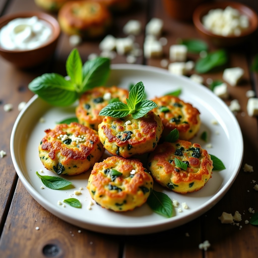 Tortitas doradas de espinacas y queso feta recién horneadas, con textura crujiente y esponjosa, servidas en un plato blanco con hierbas frescas y yogur griego.