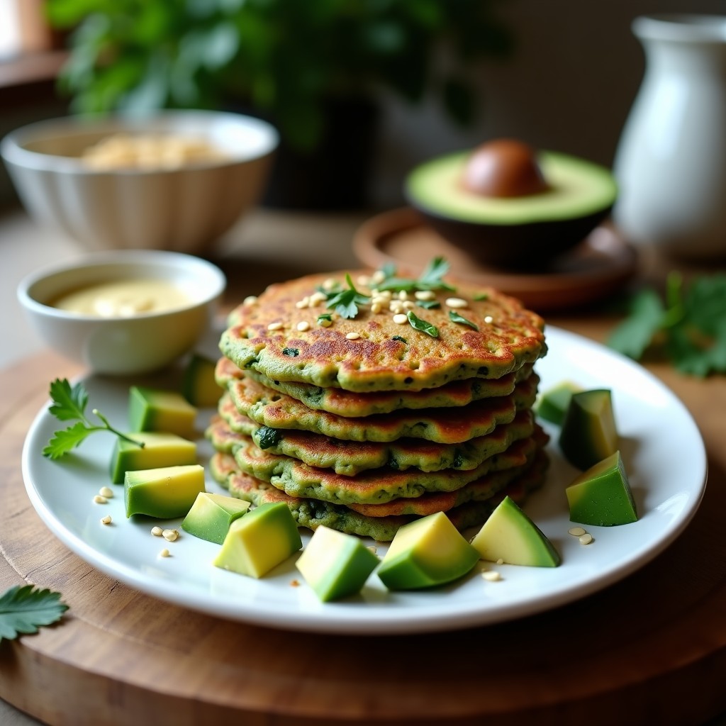 Tortitas doradas y crujientes de espinacas y quinoa con toque a ajo negro, apiladas en un plato blanco con aguacate en cubos y semillas de sésamo, servidas sobre una mesa de madera rústica. Receta keto en airfryer.