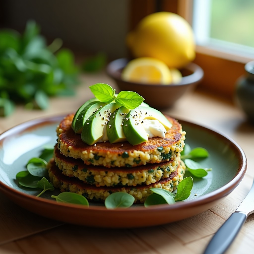 Plato con tortitas doradas de espinacas y quinoa apiladas, acompañadas de rodajas de aguacate y semillas de sésamo, receta alta en proteína y sin harina.