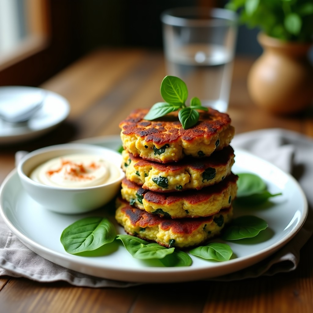 Tortitas doradas de espinacas y tofu ahumado apiladas en un plato blanco, con un dip de yogur vegano al lado y hojas de espinaca fresca como decoración, receta en airfryer.
