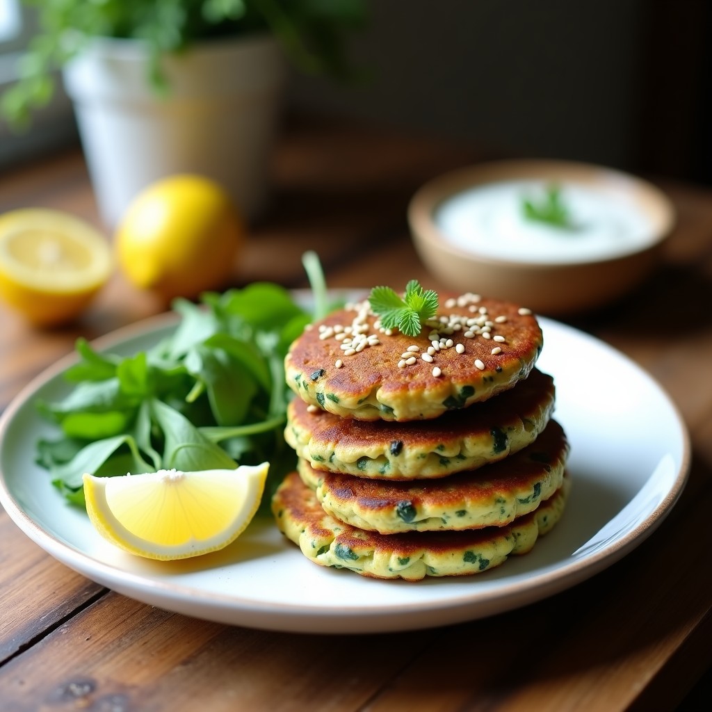 Tortitas doradas de espinacas y tofu ahumado apiladas en un plato blanco, con semillas de sésamo espolvoreadas y acompañadas de yogur vegano y rodajas de limón, receta Thermomix.