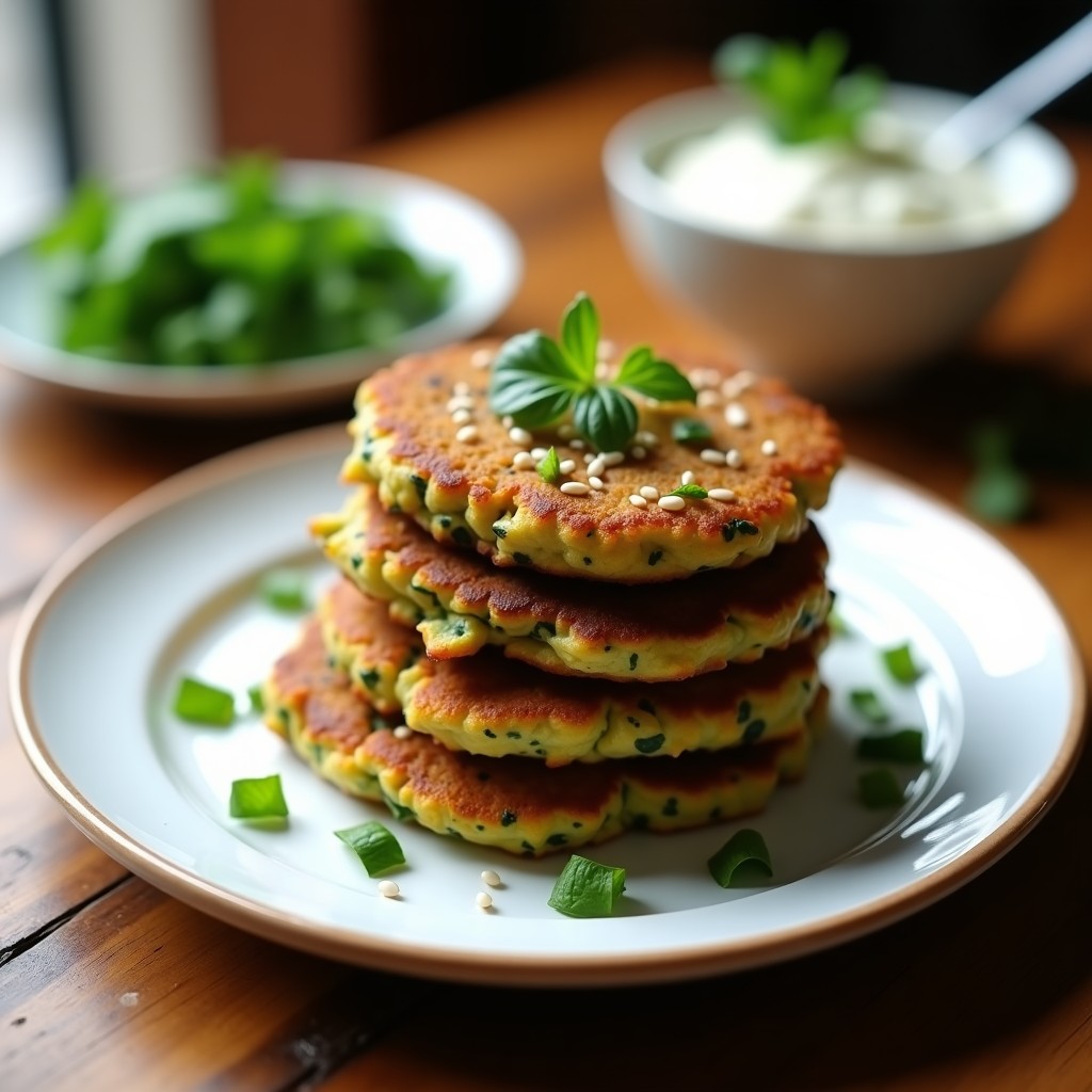 Tortitas doradas y crujientes de espinacas y tofu, apiladas en un plato blanco con perejil fresco y semillas de sésamo, acompañadas de un dip cremoso.