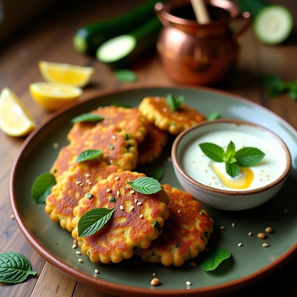 Tortitas de Garbanzo y Calabacín con Salsa de Mentah: Aperitivo Indio en Sartén