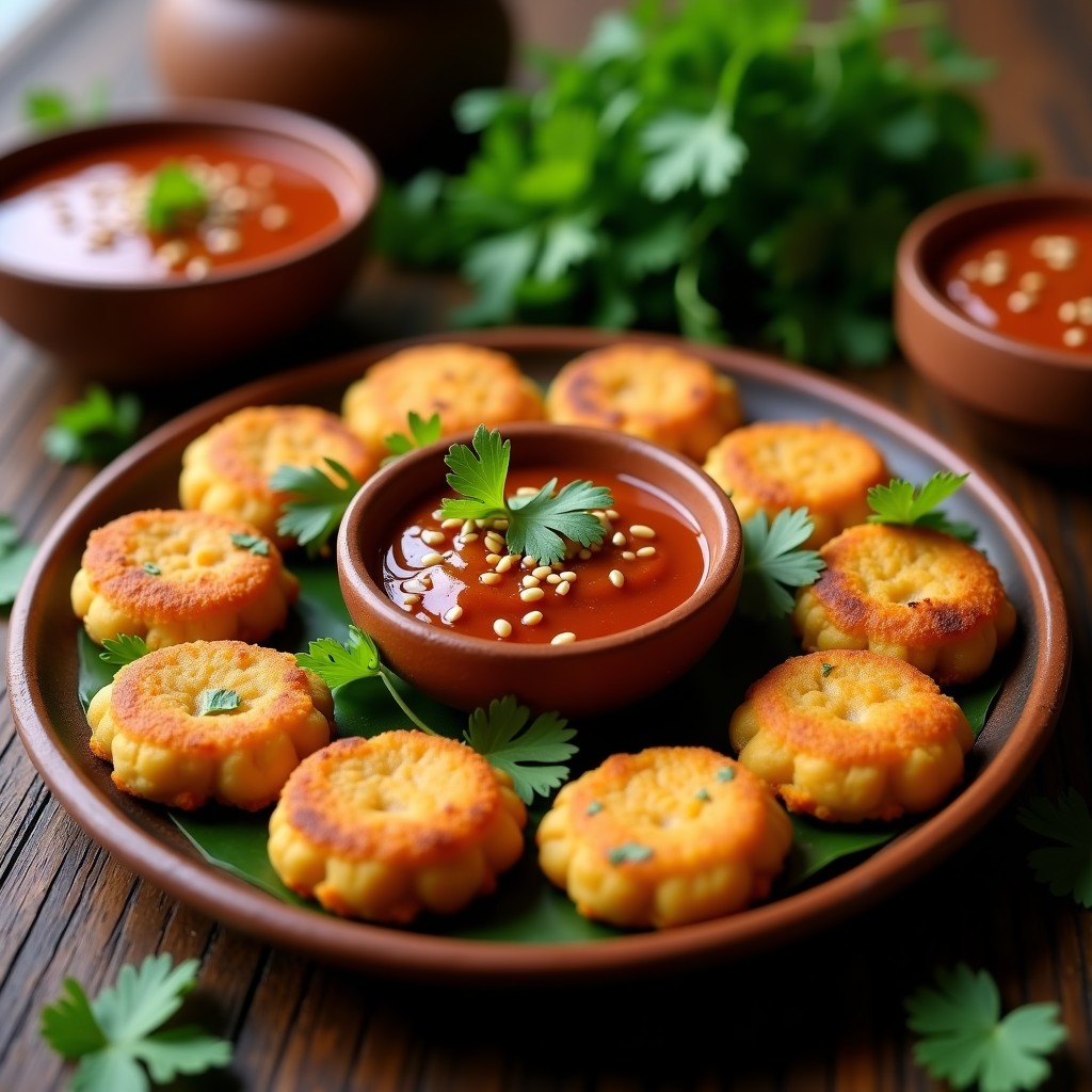 Tortitas doradas y crujientes de garbanzo y cilantro apiladas en un plato de cerámica blanca, acompañadas de un bol pequeño con salsa de tamarindo espesa y brillante, decoradas con hojas de cilantro fresco. Receta india vegana y crujiente.