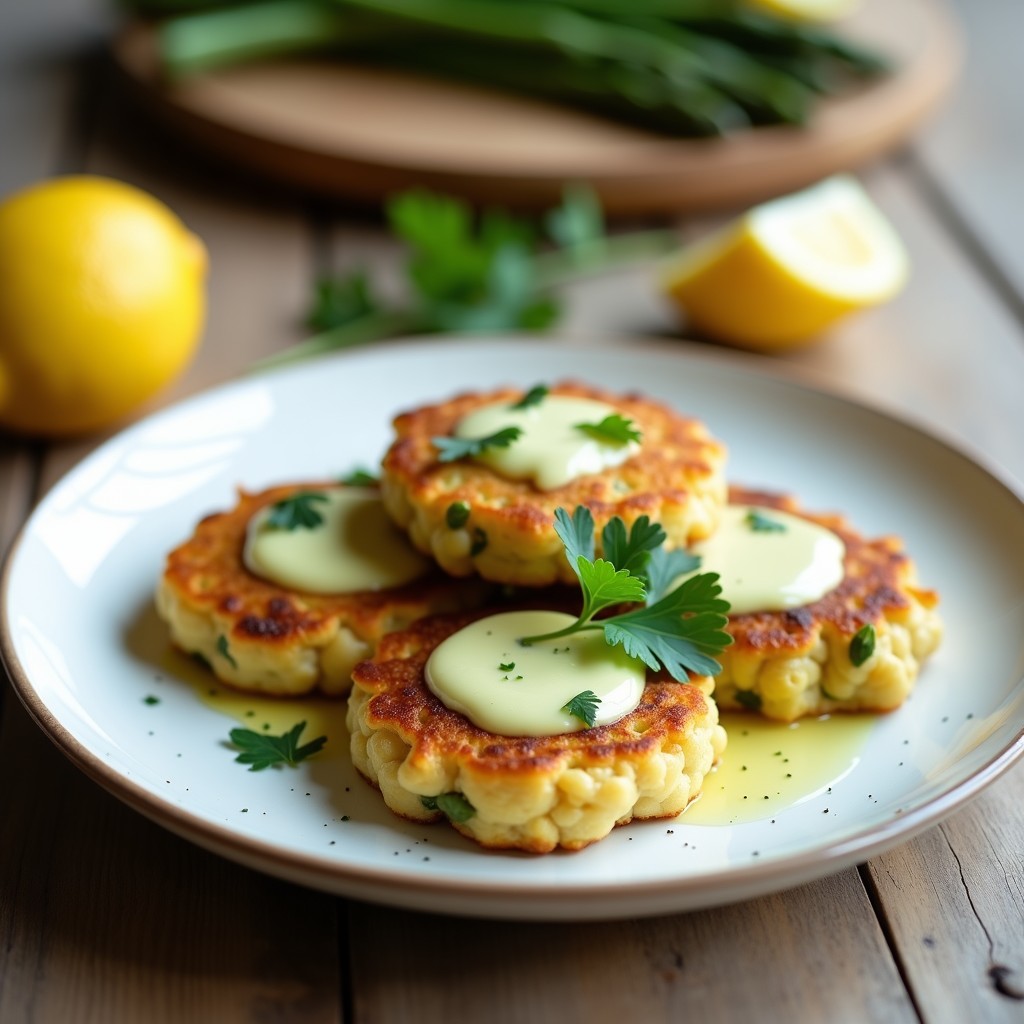 Plato blanco con tortitas doradas de garbanzo y espárragos trigueros, coronadas con alioli de limón cremoso y perejil fresco, receta española sin harina en Thermomix.