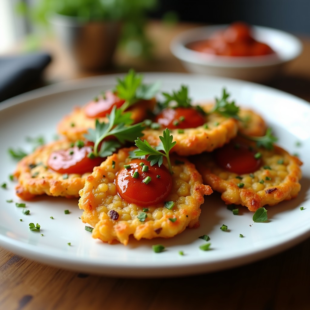 Tortitas doradas de garbanzo y espárragos trigueros con salsa romesco cremosa, servidas en un plato blanco sobre fondo rústico de madera. Receta vegana en airfryer y sin gluten.