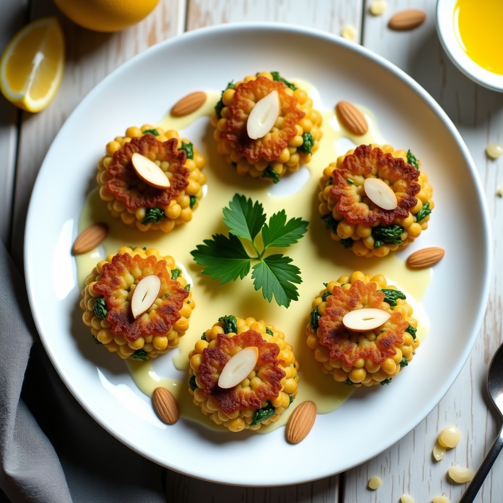 Plato de cerámica blanca con tortitas doradas y crujientes de garbanzo y espárragos, bañadas en salsa cremosa de limón confitado, decoradas con almendras tostadas y perejil fresco. Aperitivo persa elegante y vibrante.