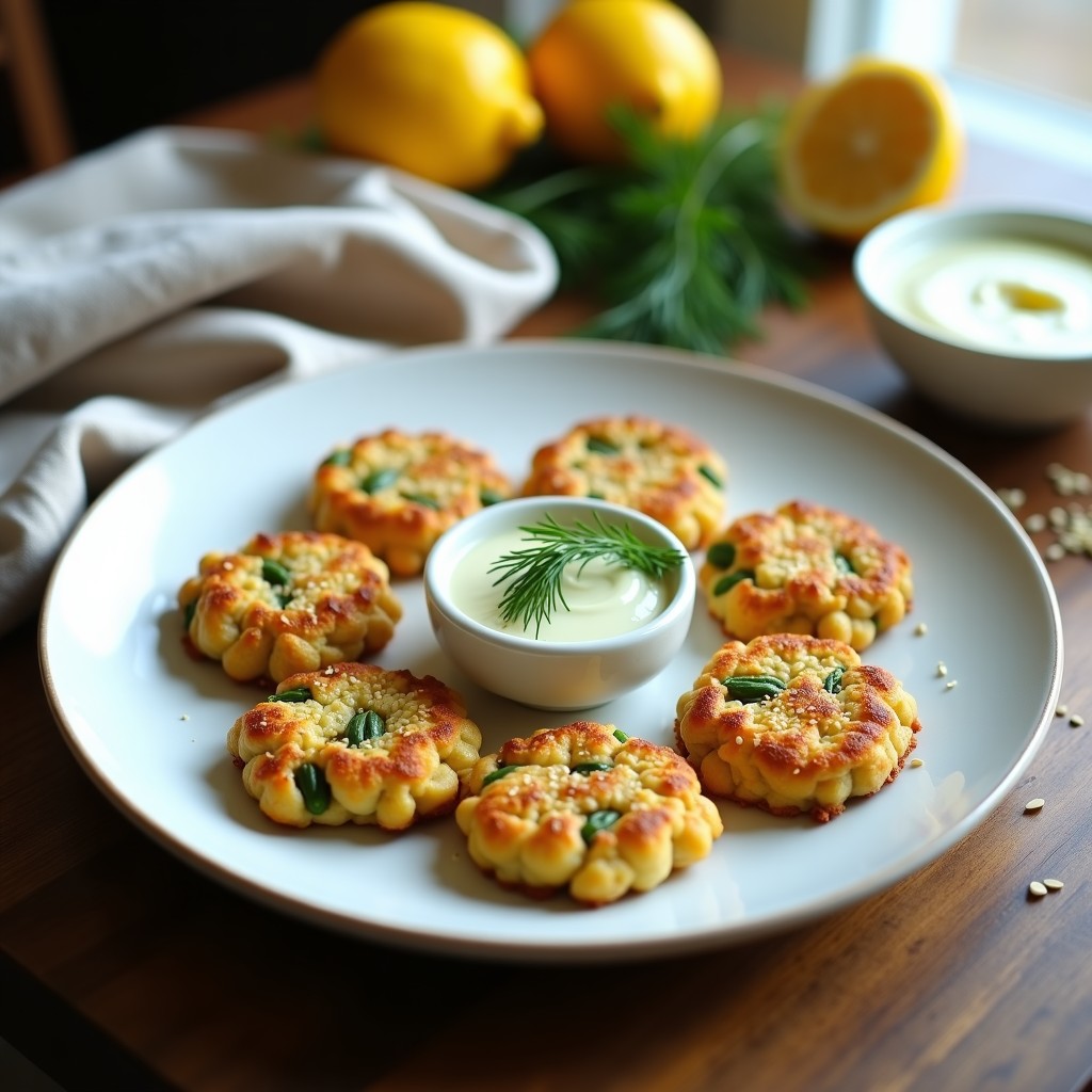 Tortitas doradas de garbanzo y espárragos con puntas verdes asomando, servidas en plato blanco con salsa cremosa de limón y eneldo, decoradas con semillas de sésamo y hojas de eneldo fresco.