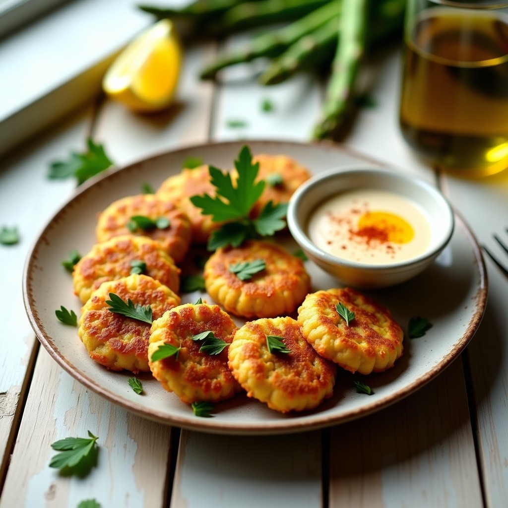 Tortitas doradas y crujientes de garbanzo y espárragos trigueros servidas en un plato rústico de barro, acompañadas de un bol pequeño con salsa de tahini cremosa y decoradas con perejil fresco, receta crudivegana hecha en airfryer.