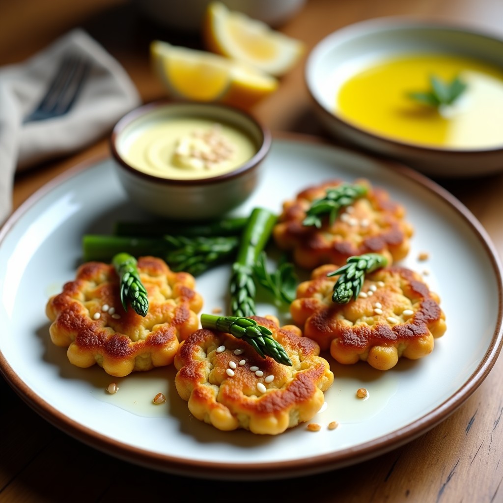 Plato blanco con tortitas doradas de garbanzo y espárragos trigueros, apiladas y acompañadas de un dip cremoso de limón y aceite de oliva en un bol pequeño. Decorado con perejil fresco y semillas de sésamo, sobre fondo rústico de madera.