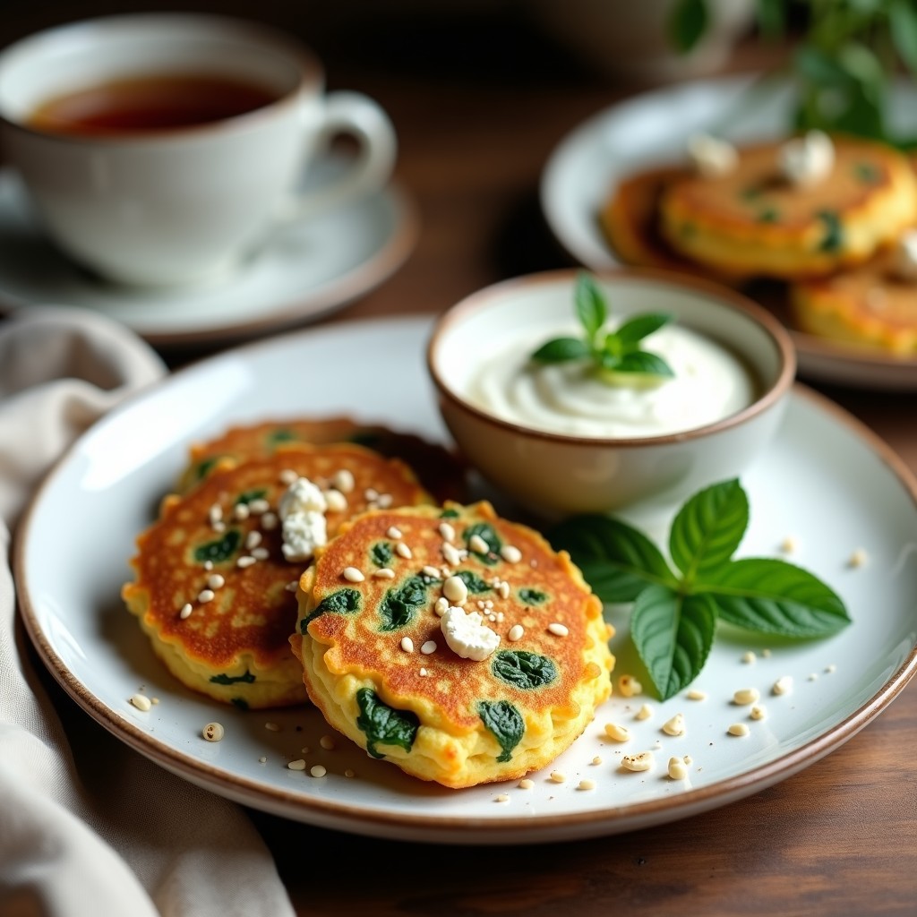 Plato blanco con tortitas doradas de garbanzo y espinacas, desmenuzadas por encima con queso feta vegano y semillas de sésamo. Acompañadas de rodajas de aguacate y un dip de yogur de soja con hierbas frescas. Desayuno vegano alto en proteína y sin gluten.