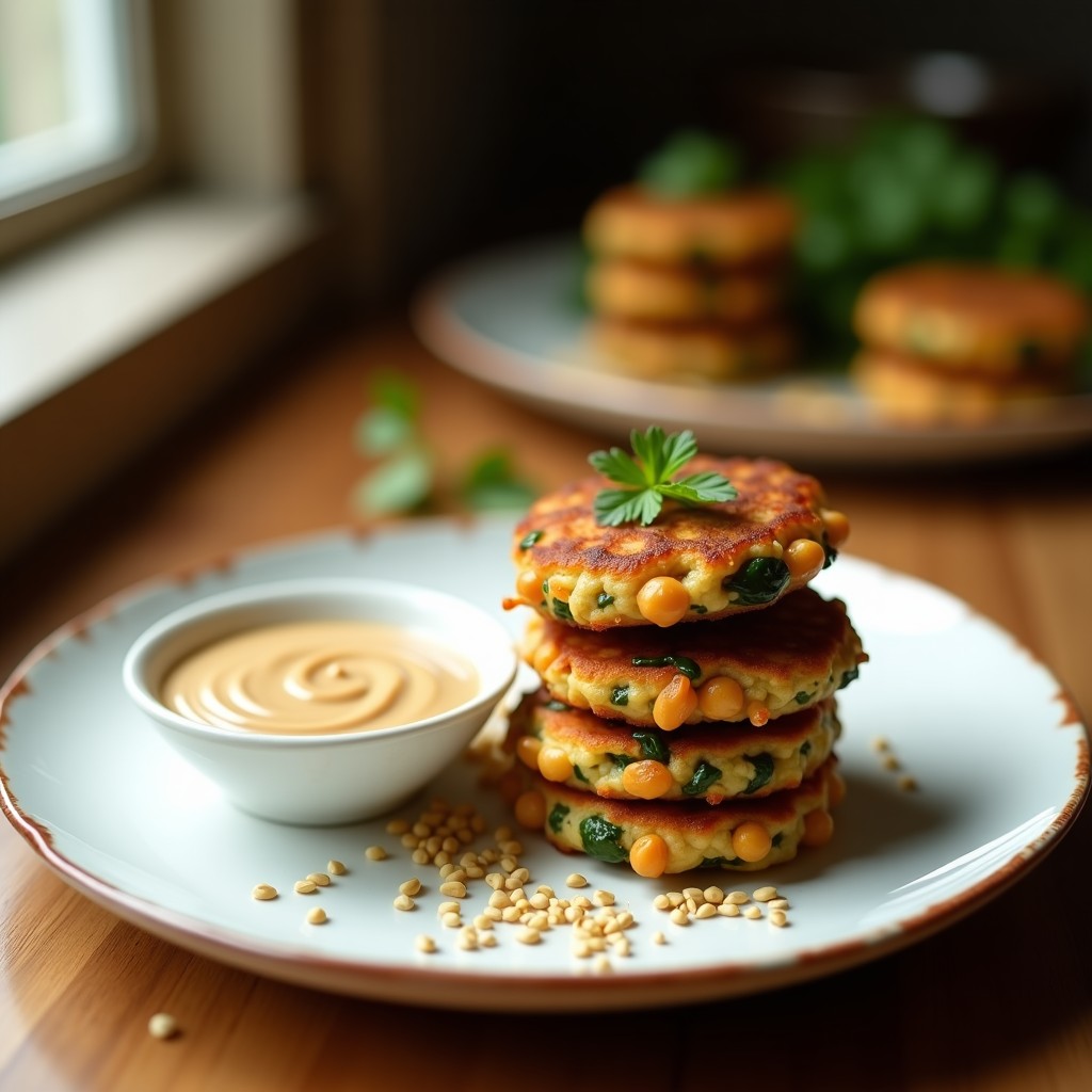 Plato blanco con tortitas doradas de garbanzo y espinacas apiladas, acompañadas de un bol pequeño con salsa de tahini cremosa. Decoración con hojas de cilantro fresco y semillas de sésamo tostadas sobre fondo rústico de madera.