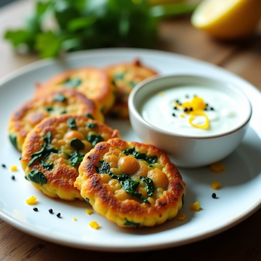 Tortitas doradas y crujientes de garbanzo y espinacas servidas en un plato blanco con salsa de yogur de soja cremosa, decoradas con semillas de sésamo y ralladura de limón. Receta vegana y sin gluten en Thermomix.