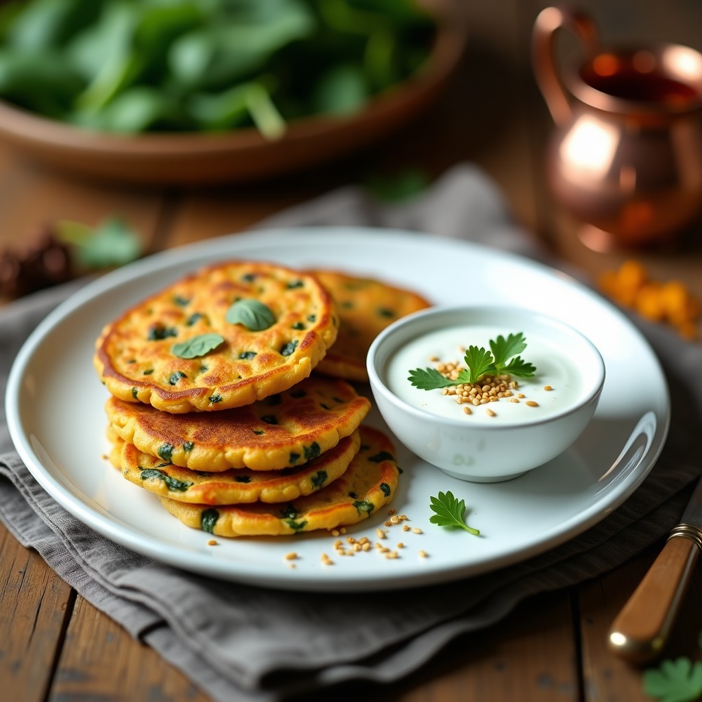 Tortitas doradas y crujientes de garbanzo y espinacas apiladas en un plato blanco, acompañadas de un bol de salsa de yogur cremosa con cilantro y semillas de sésamo. Desayuno indio alto en hierro con especias aromáticas.