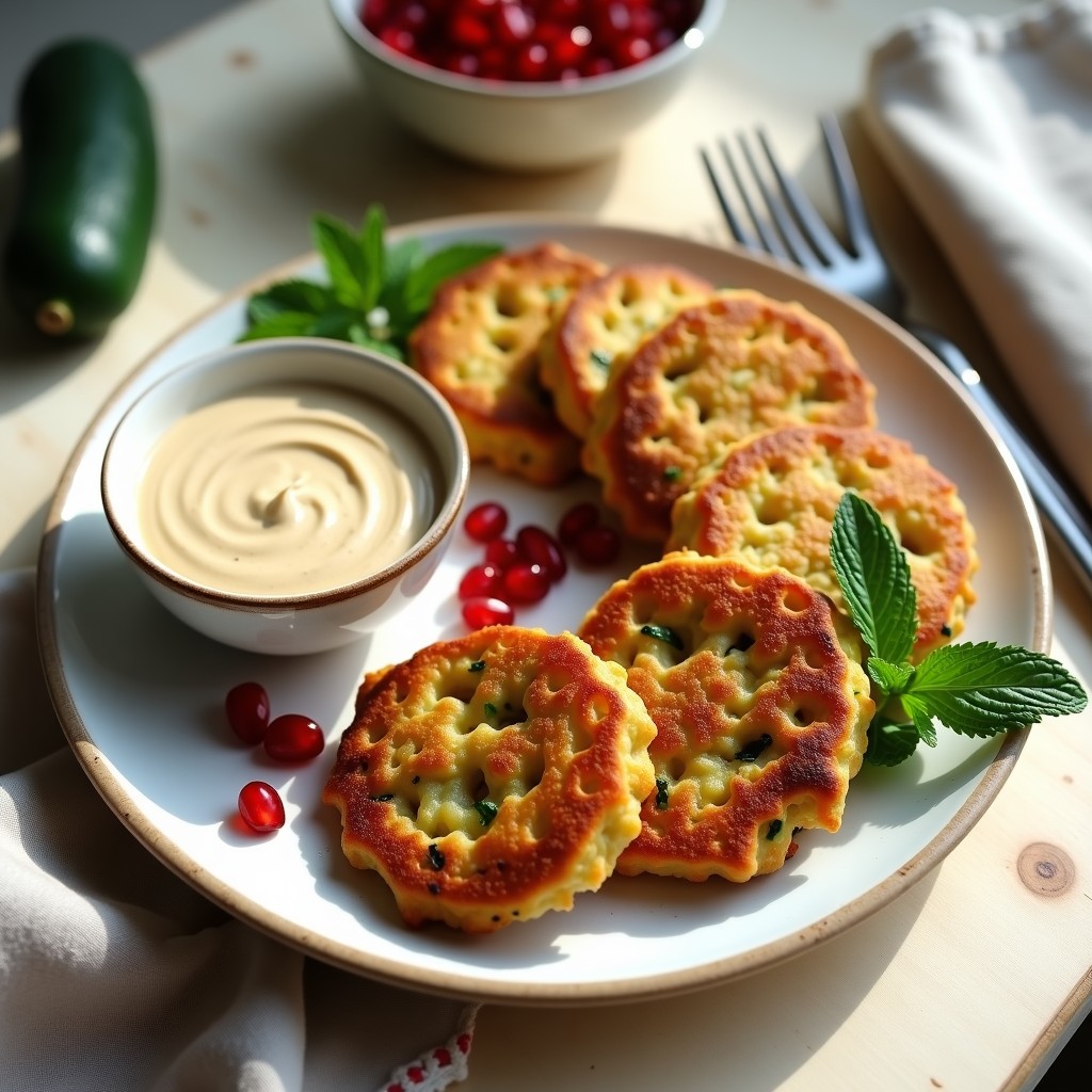 Plato blanco con tortitas doradas de garbanzos y calabacín, bañadas en salsa cremosa de tahini y decoradas con semillas de granada y hojas de menta fresca. Desayuno vegano, sin harina y alto en hierro.
