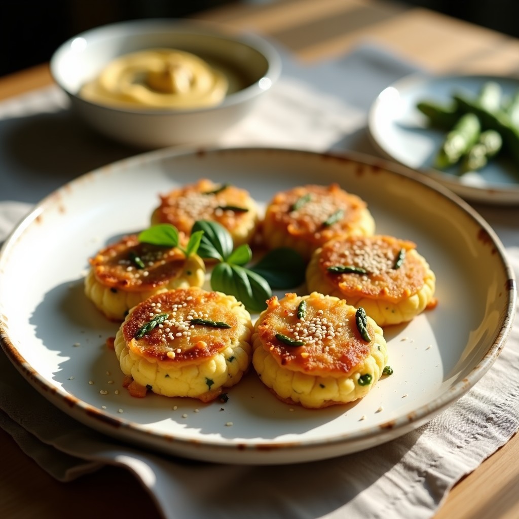 Plato blanco con tortitas doradas de garbanzos y espárragos trigueros, espolvoreadas con semillas de sésamo, servidas sobre un mantel de lino rústico. Desayuno español sin gluten crujiente y saludable.