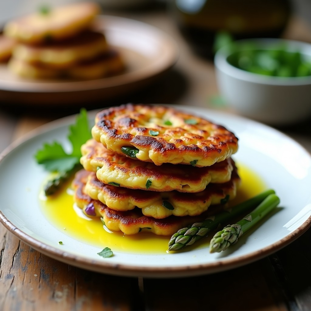 Tortitas doradas de garbanzos con trozos de espárragos trigueros, apiladas en un plato blanco rústico con perejil fresco y un chorrito de aceite de oliva. Receta española en sartén antiadherente.