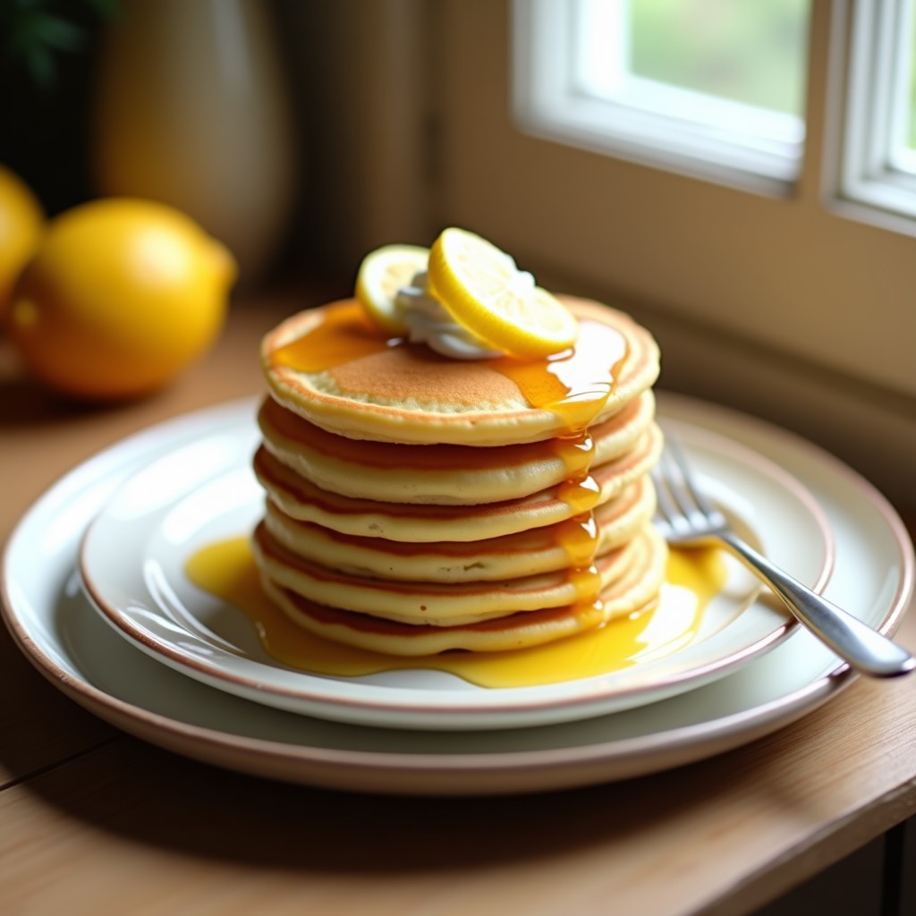 Pila de tortitas griegas doradas y esponjosas, bañadas en miel dorada, con rodajas de limón y yogur griego al lado, sobre un plato blanco rústico.
