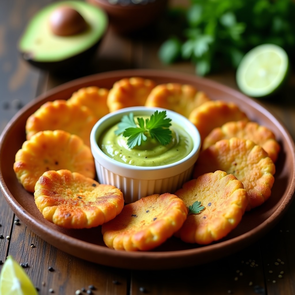 Tortitas doradas y crujientes de harina de grillo servidas en un plato de barro, acompañadas de una salsa verde cremosa de aguacate y chile, con decoración de cilantro fresco. Receta de snack proteico mexicano en airfryer.