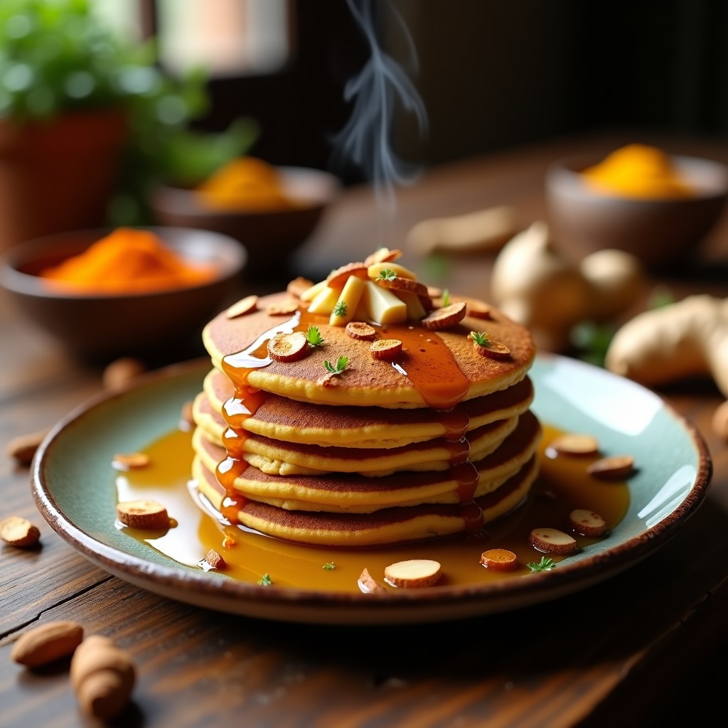 Plato de tortitas doradas y esponjosas de Hare Krishna, servidas en un plato de barro rústico, bañadas en sirope de dátiles oscuro y decoradas con semillas de sésamo y almendras fileteadas. Fondo con especias indias como cúrcuma y jengibre.