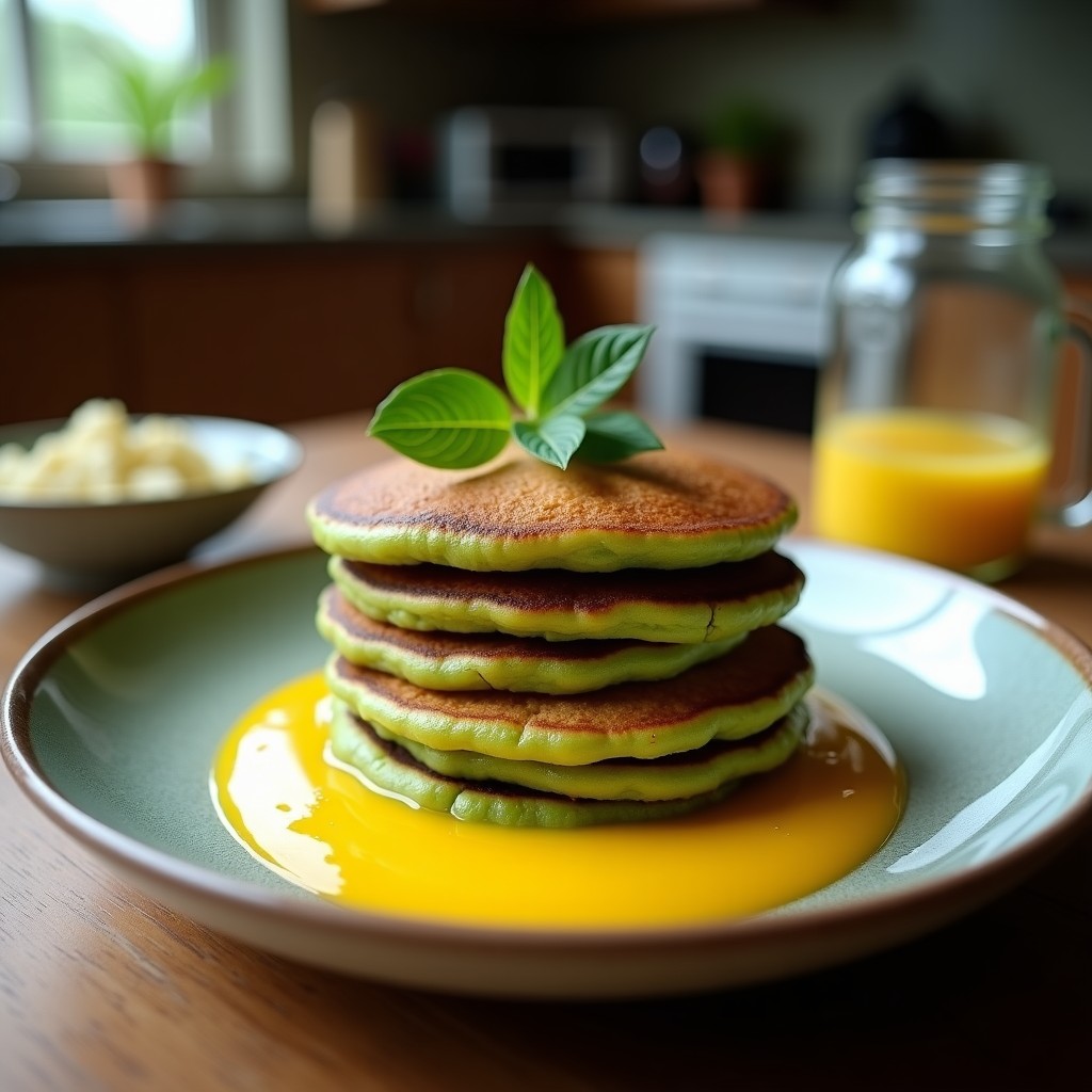 Plato blanco con tortitas doradas de harina de coco y espirulina apiladas, bañadas en salsa de mango cremosa con semillas de chía. Decoradas con hojas de menta fresca. Desayuno detox en airfryer.