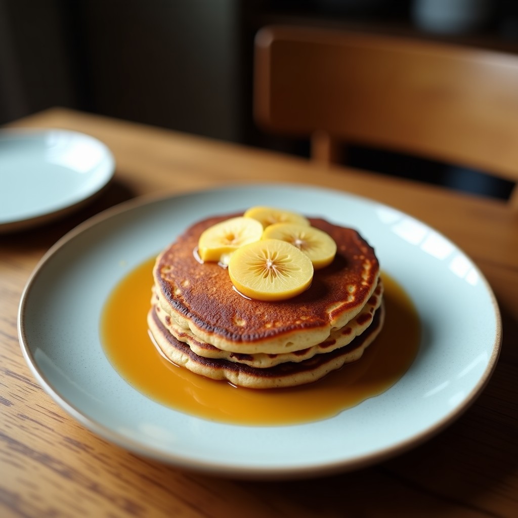 Plato blanco con tortitas doradas de harina de coco y polvo de maca, apiladas y decoradas con coco rallado y semillas de chía. Fondo rústico con ingredientes como maca en polvo y harina de coco esparcidos. Desayuno energético sin azúcar.