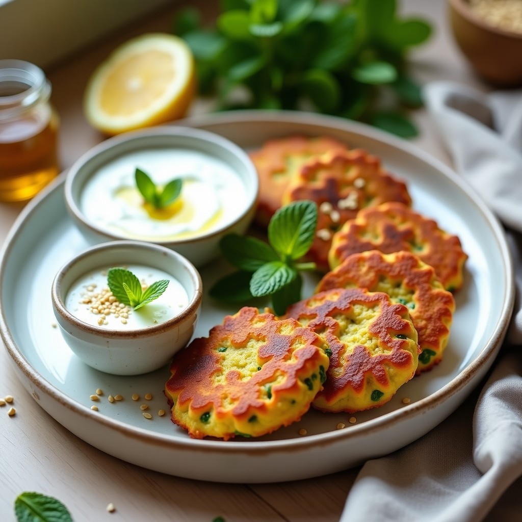 Plato blanco con tortitas doradas de harina de garbanzo y calabacín, apiladas y acompañadas de un bol de dip de yogur griego cremoso con semillas de sésamo y eneldo fresco. Desayuno sin gluten y alto en proteínas.