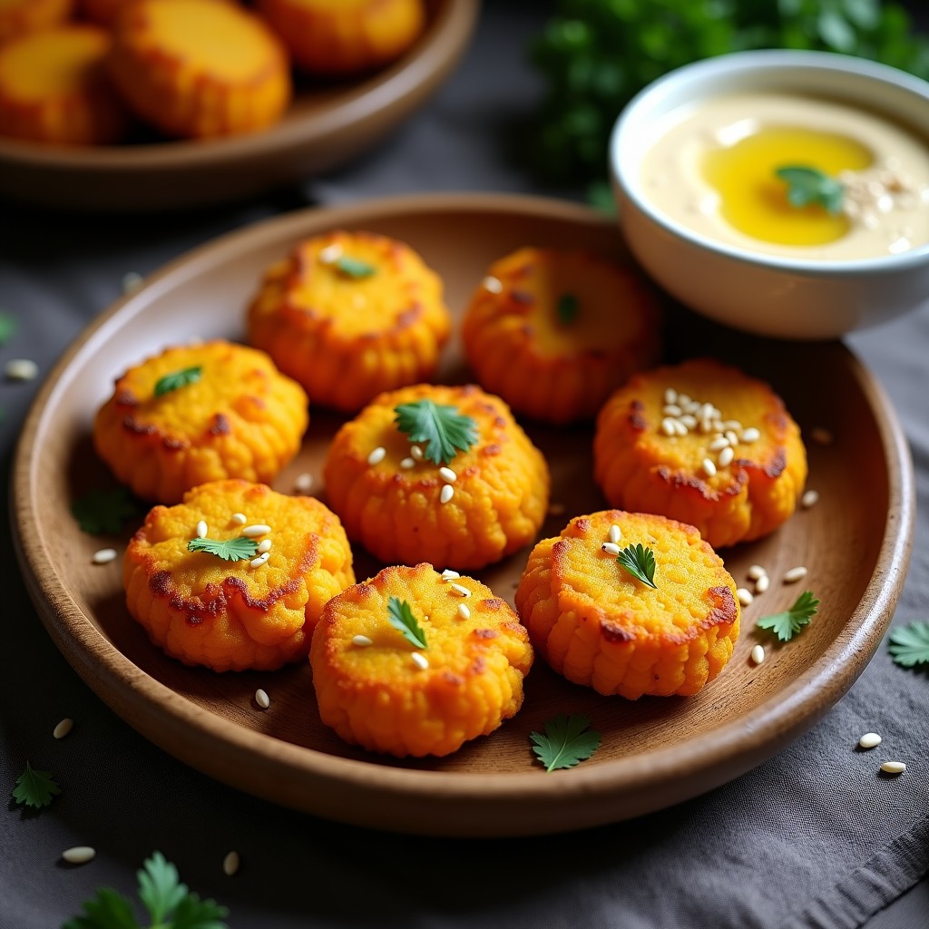 Tortitas doradas y crujientes de harina de garbanzo y calabaza dispuestas en un plato de madera, acompañadas de un bol pequeño con dip de tahini cremoso y decoradas con semillas de sésamo y perejil fresco.