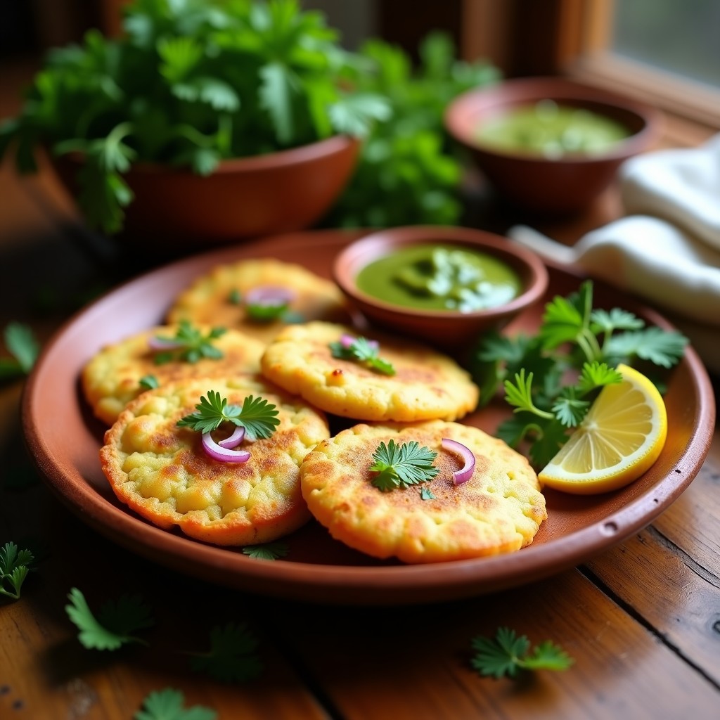 Tortitas doradas de harina de garbanzo y cilantro en una sartén de hierro, con semillas de sésamo y trozos de chile verde, servidas con chutney de menta y rodajas de limón. Receta de desayuno indio sin gluten.