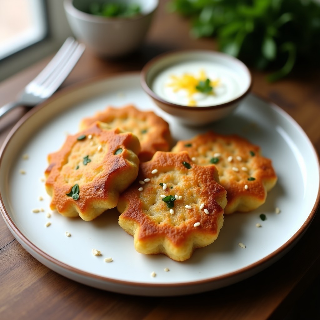 Tortitas doradas y crujientes de harina de garbanzo con trocitos de espárragos blancos, servidas en un plato blanco con semillas de sésamo y un dip de yogur, receta sin gluten en airfryer.