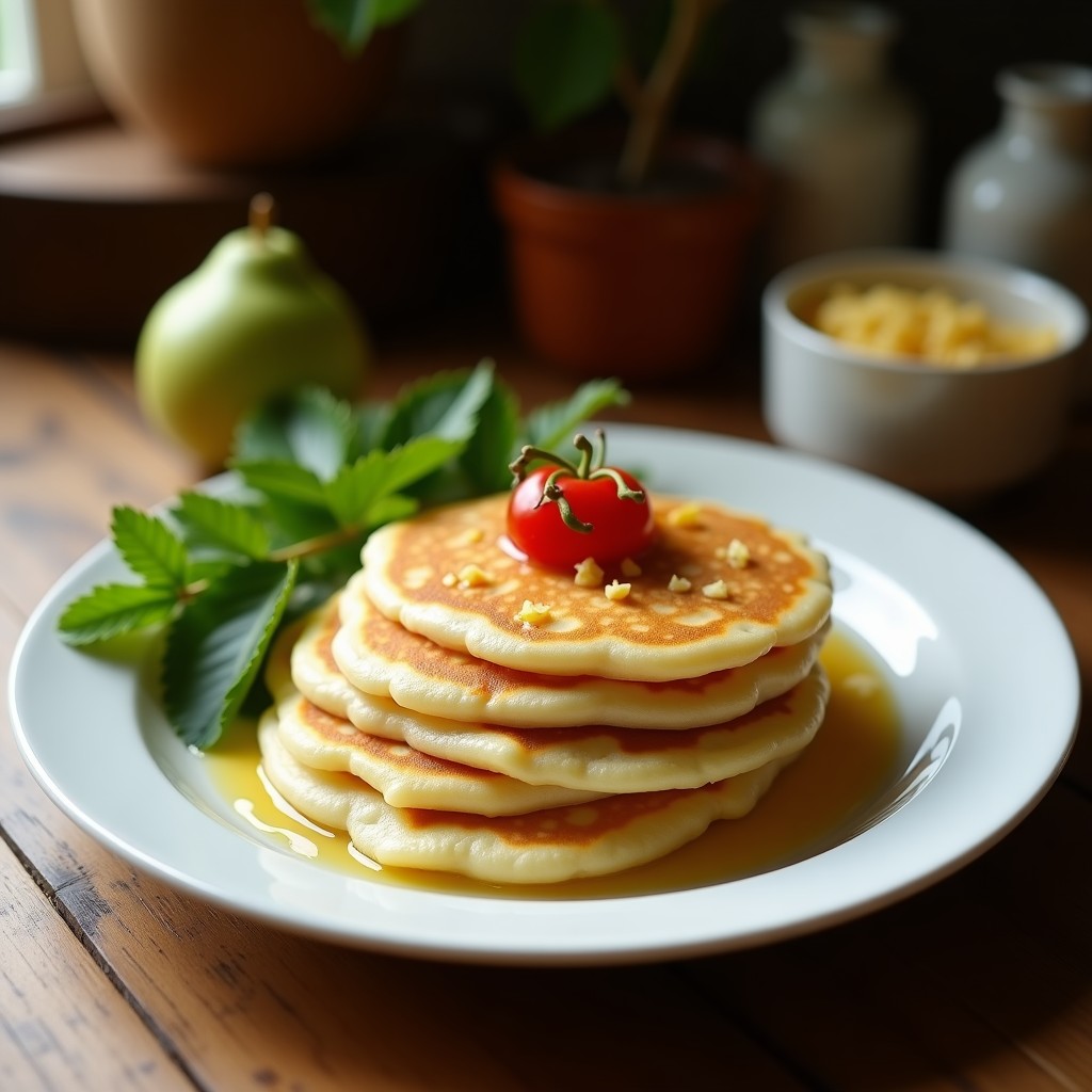 Pila de tortitas doradas de harina de guayaba y coco rallado, servidas en un plato blanco con un chorrito de miel de agave y rodajas de limón al lado. Fondo borroso con hojas de plátano para dar ambiente caribeño.