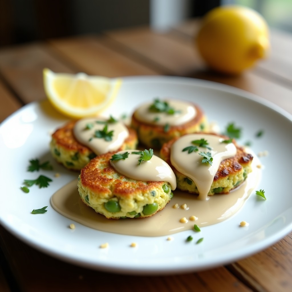 Plato blanco con tortitas doradas de harina de guisante y trozos de espárragos trigueros, coronadas con salsa cremosa de tahini y limón, semillas de sésamo y puntas de espárragos verdes. Desayuno keto saludable y apetitoso.