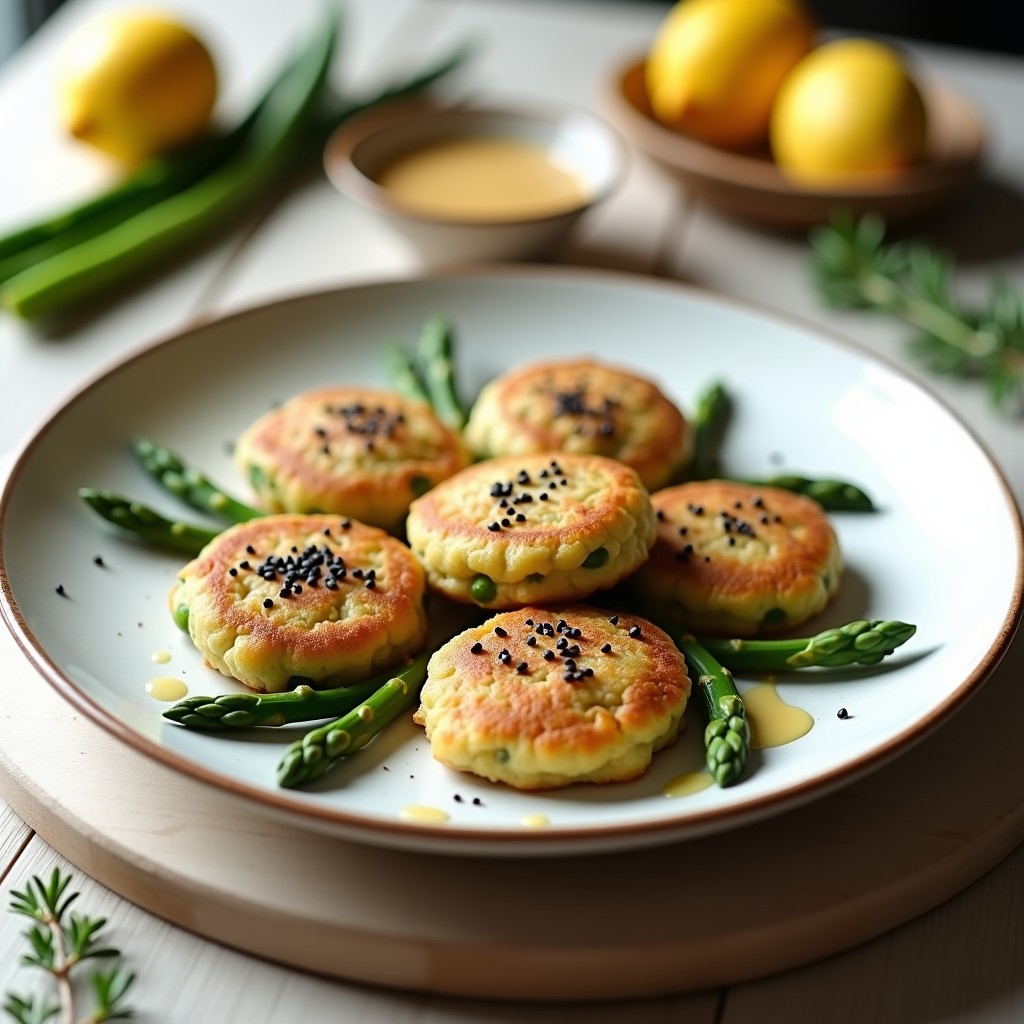 Tortitas doradas de harina de guisante y espárragos trigueros en sartén antiadherente, decoradas con semillas de sésamo negro y puntas de espárragos frescos. Receta francesa vegana sin aceite.