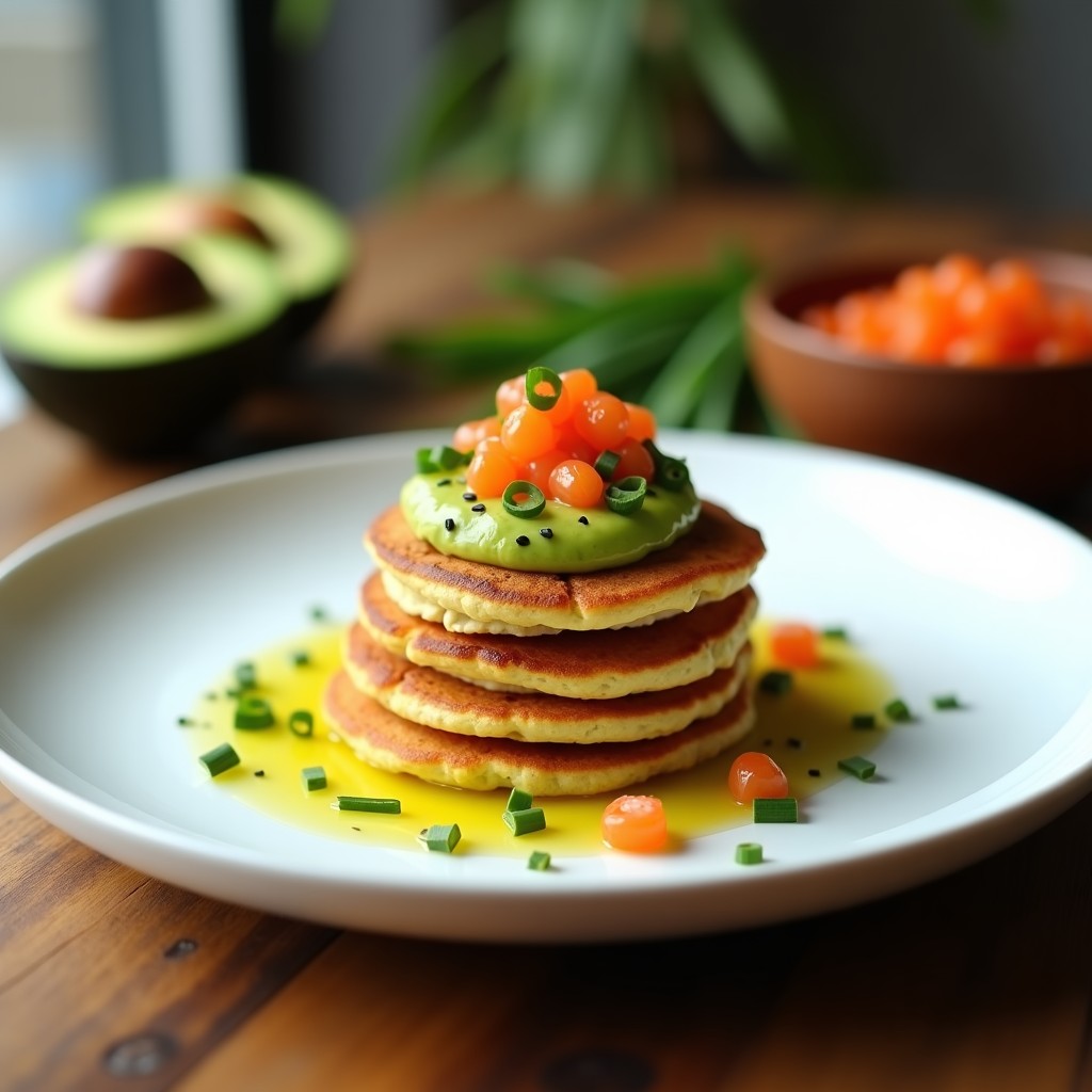Plato blanco con tortitas doradas de harina de guisante, cubiertas con puré de aguacate cremoso y huevas de salmón naranjas brillantes, decoradas con cebollino fresco y semillas de sésamo negro. Desayuno keto alto en omega-3 y proteína.