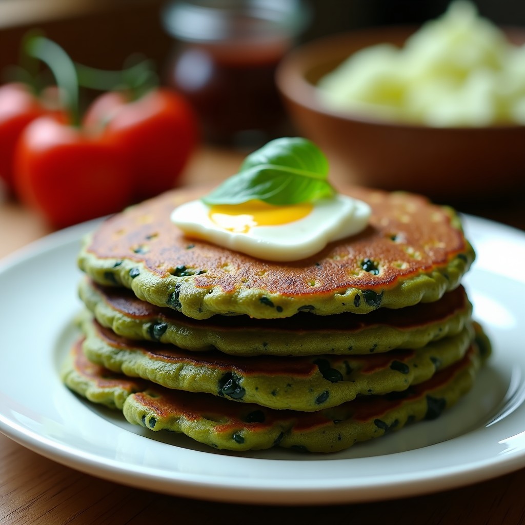 Plato blanco con tortitas doradas de lentejas corail y espinacas, servidas con rodajas de aguacate y un dip de yogur con cilantro. Receta keto sin harina y rica en hierro.