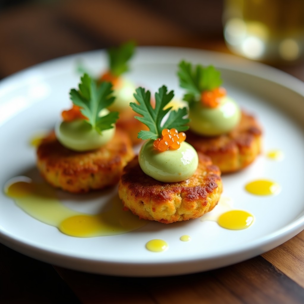 Plato blanco con tortitas doradas de lentejas coral, coronadas por una espuma verde cremosa de aguacate y decoradas con huevas de trucha naranjas y hojas de eneldo. Aperitivo proteico sin horno con texturas contrastadas.