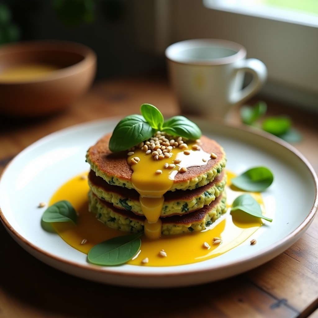 Plato blanco con tortitas doradas de lentejas verdes y espinacas, espolvoreadas con semillas de sésamo y acompañadas de un bol pequeño con aderezo de mostaza y miel. Desayuno keto sin harina, saludable y alto en proteína.