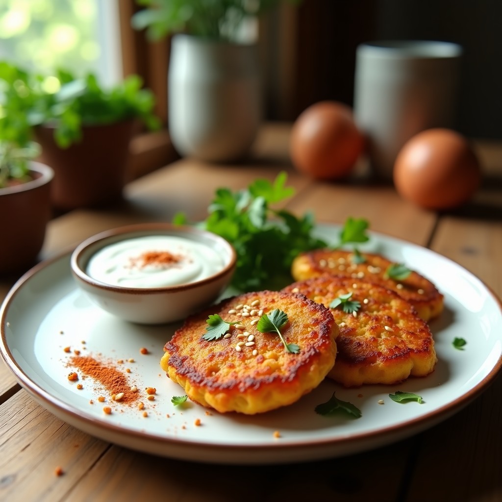 Plato blanco con tortitas doradas de lentejas rojas y calabacín, crujientes por fuera, dispuestas en círculo. Acompañadas de un bol pequeño con salsa cremosa de yogur de soja, decoradas con hojas de menta fresca y rodajas de limón. Fondo rústico de madera con hierbas esparcidas.