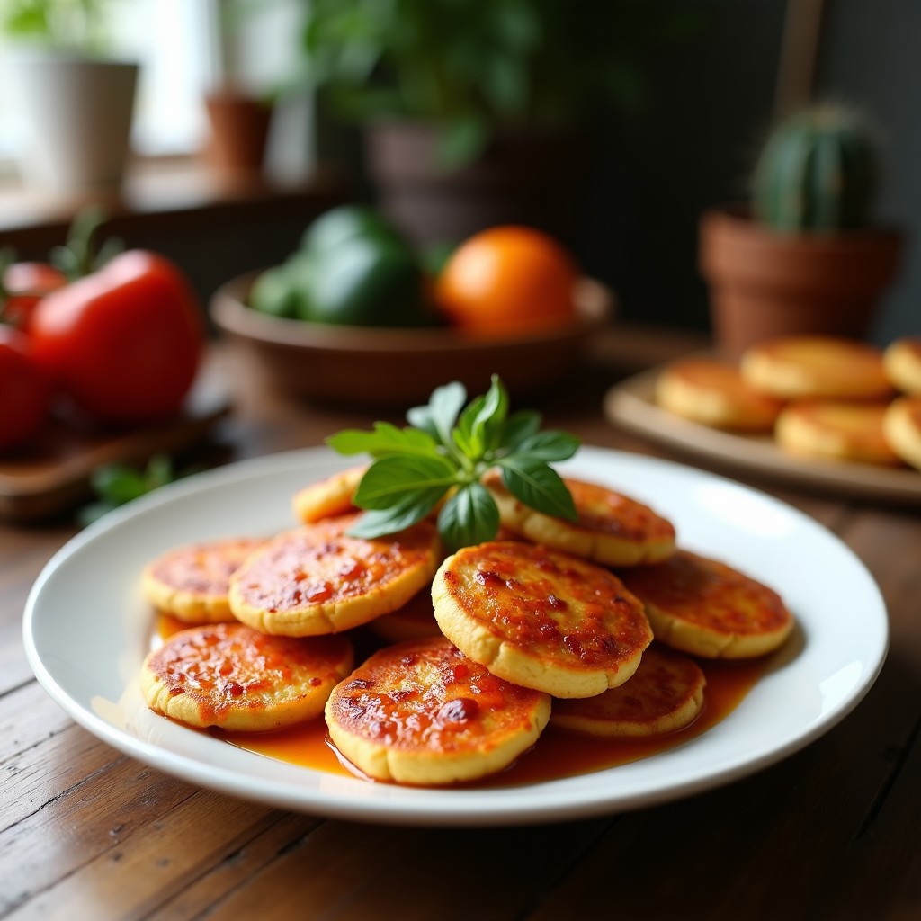 Plato de tortitas doradas de lentejas rojas y calabaza sin gluten, apiladas con semillas de sésamo tostadas por encima, sobre un fondo rústico de madera con ingredientes frescos alrededor.