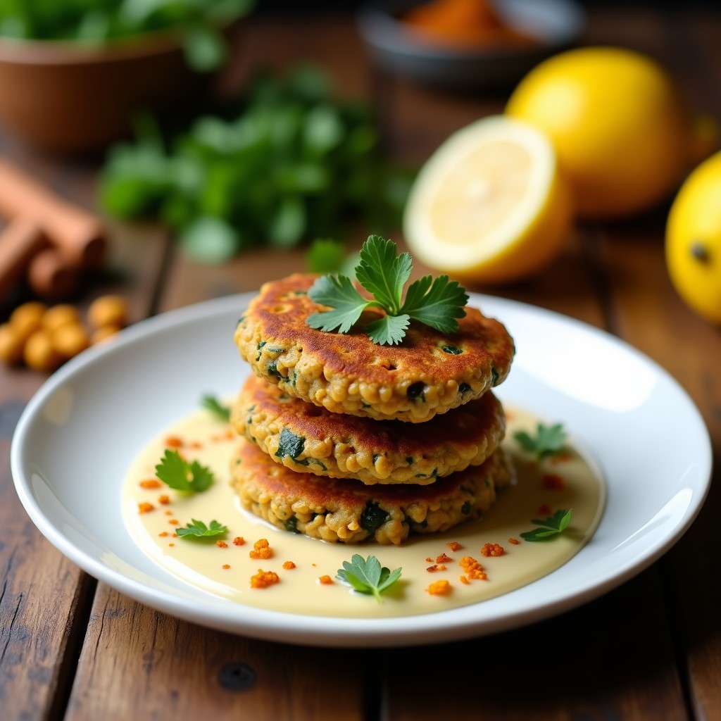 Plato blanco con tortitas doradas de lentejas rojas y espinacas, apiladas con elegancia y bañadas en salsa de tahini cremosa. Decoradas con cilantro fresco y limón confitado, sobre fondo de madera rústica con toques de especias indias.