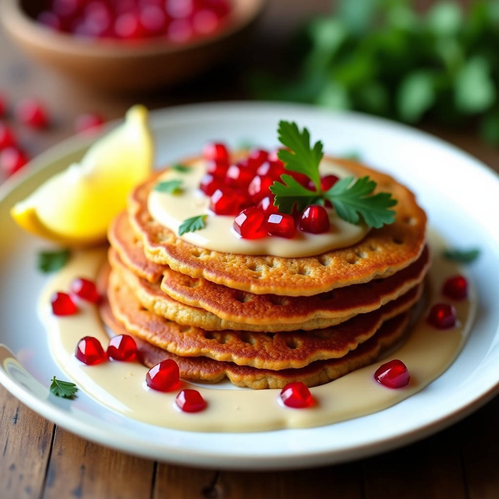 Plato blanco con tortitas doradas de lentejas rojas apiladas, bañadas en crema de tahini espesa y decoradas con semillas de granada rojas brillantes. Fondo con cilantro fresco y rodajas de limón.