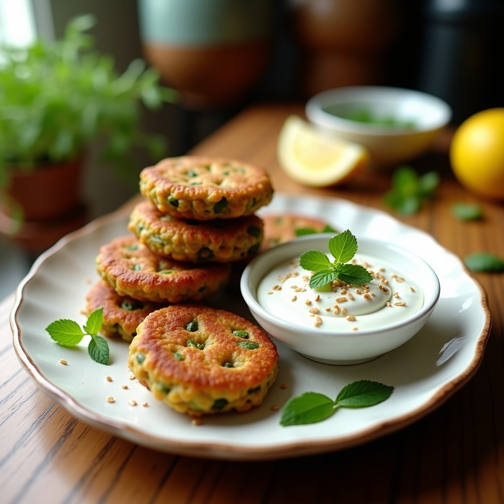 Plato blanco con tortitas doradas de lentejas verdes, crema de yogur blanco con hierbabuena fresca y semillas de sésamo tostadas, aperitivo libanés sin gluten.