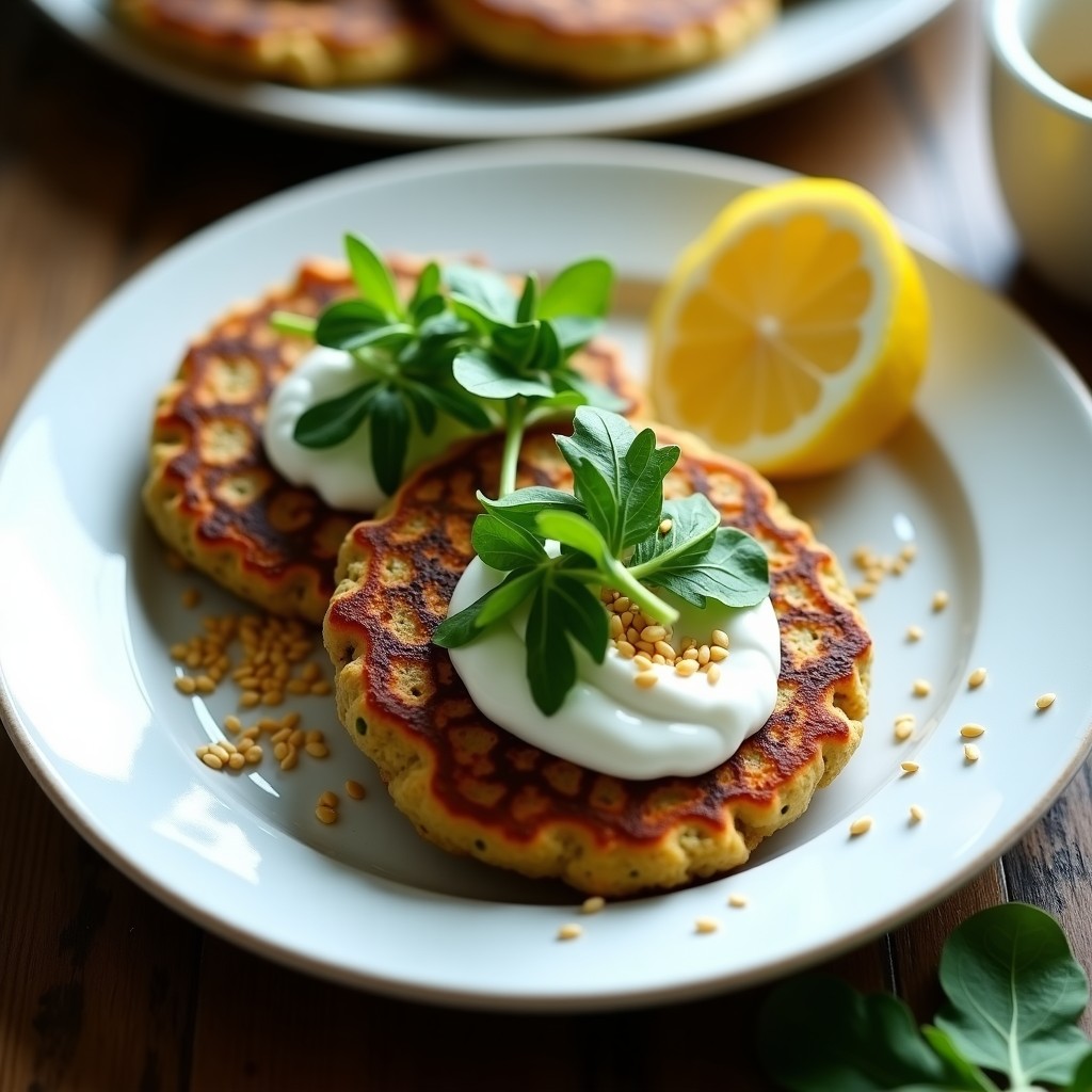 Tortitas doradas y crujientes de harina de lentillas y espinacas servidas en un plato blanco con topping de yogur de soja cremoso y hojas de rúcula fresca, espolvoreadas con semillas de sésamo. Receta vegana alta en hierro en airfryer.