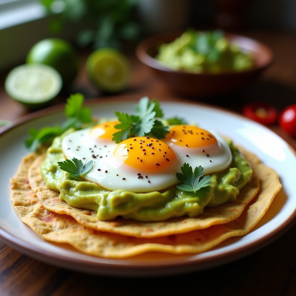 Plato con dos tortitas de maíz doradas, cubiertas con crema de aguacate verde brillante, huevos pochados con yema líquida, semillas de chía y cilantro fresco, desayuno mexicano alta en proteína.